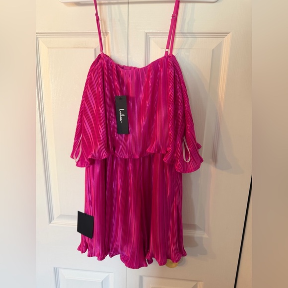 Lulus Fun Flirt Hot Pink Satin Plisse Sleeveless Romper - Size M - Picture 4 of 5